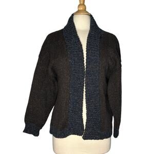 amy brill Cotton Brown Knit Open Front Cardigan Brown Navy Speckle Academia